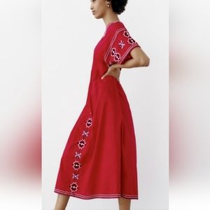 Zara midi embroidered red dress